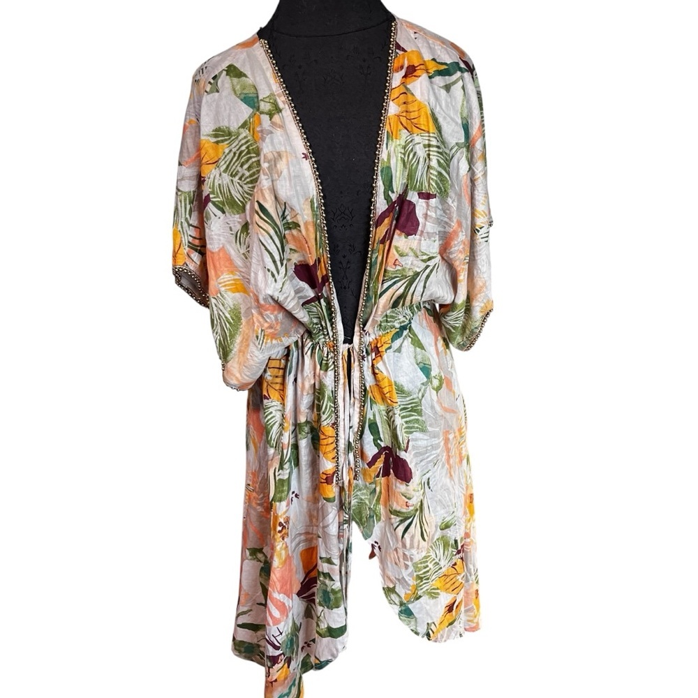 True Destinations Cotton Tropical Kimono Beach Coverup Oversized Small Tassel - Picture 9 of 9